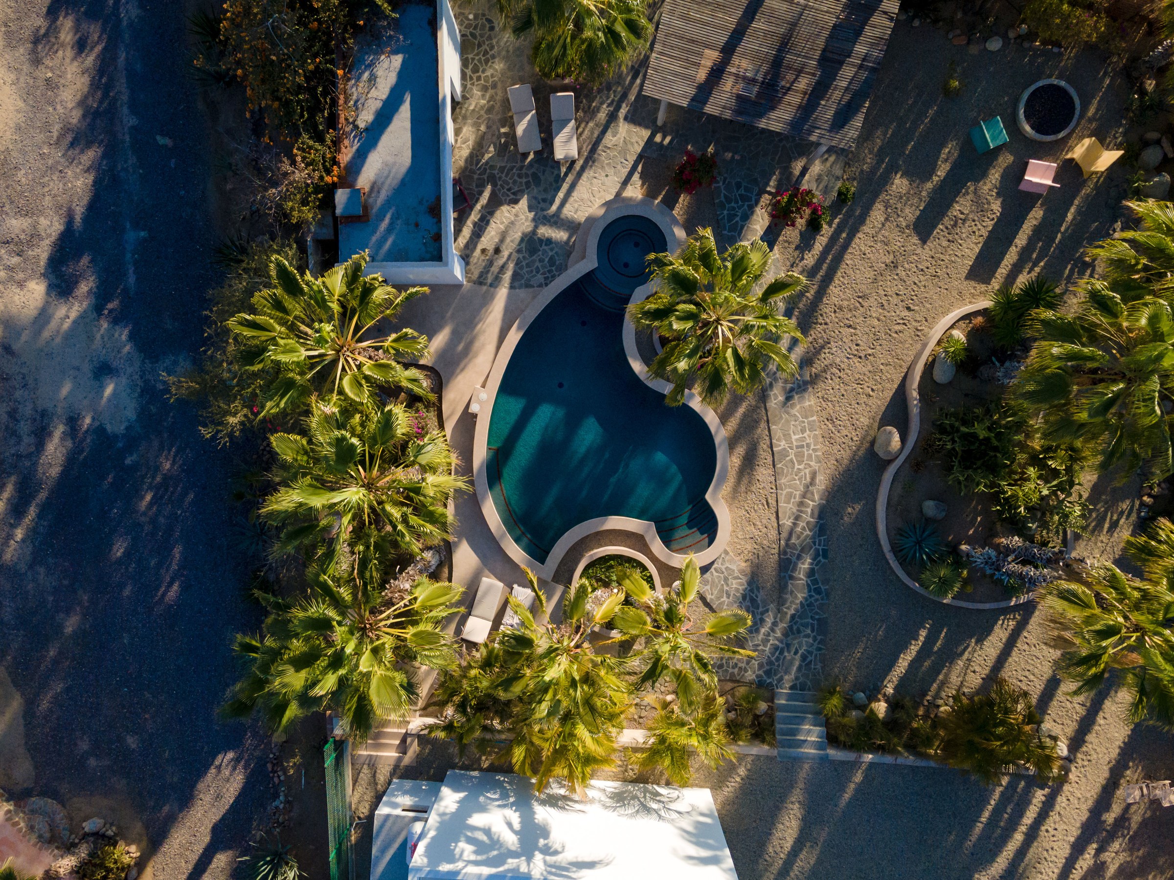 The finished saltwater pool at Casa del Arte seen from above